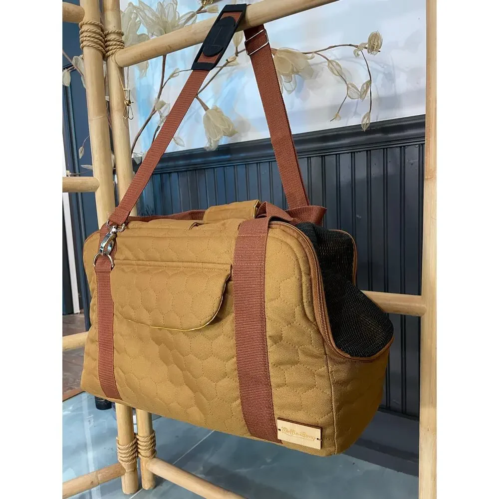 Muffin & Berry Quilted Pet Carrier Bag Tan Canvas Small Dog Cat Travel Tote